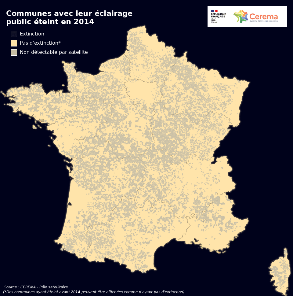 Animation gif du CEREMA montrant les communes ayant éteint leur
éclairage public entre 2014 et 2024.